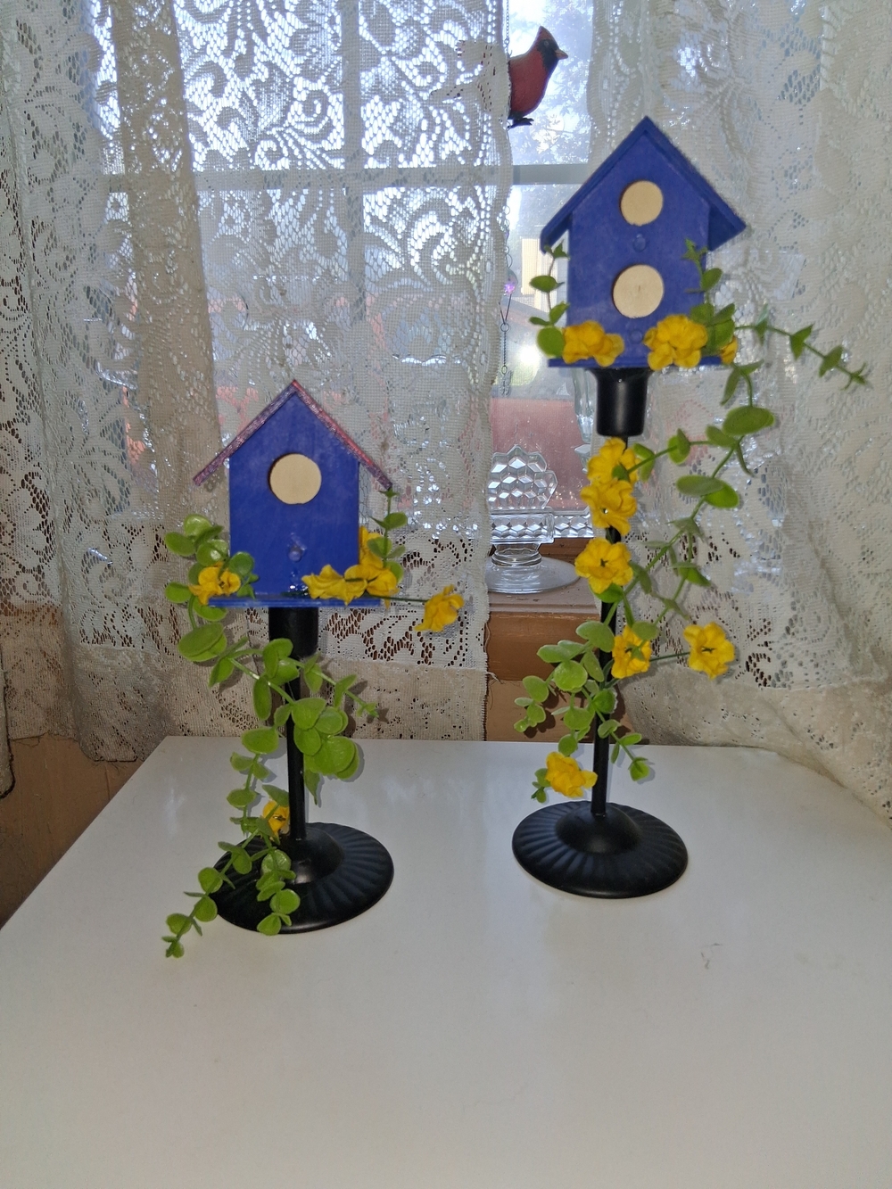 Blue Birdhouse Tabletop Pair with Yellow Floral Accents